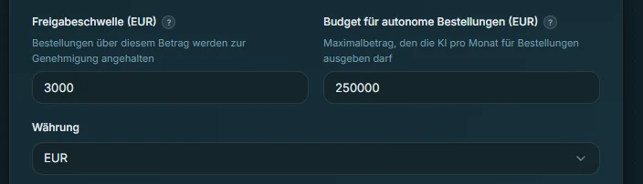 Freigabeschwelle, Monatsbudget und Währung in den Einstellungen
